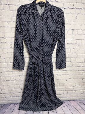 Talbots Blue Cream Geo Classic Preppy Business Casual Midi Shirt Dress Size L